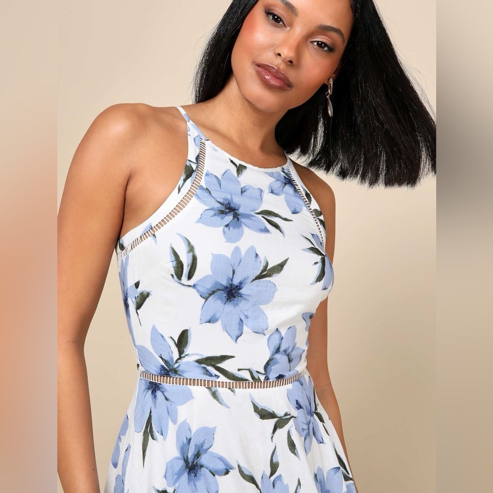 Lulus Zahara Blue & White Floral Midi Dress‎ – Size Small - Picture 4 of 6